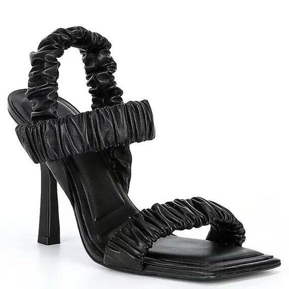 Gianni Bini Shoes - Gianni Bini Vanya‎ Scrunched Square Toe Black Leather Dress Sandal Heels Size 6